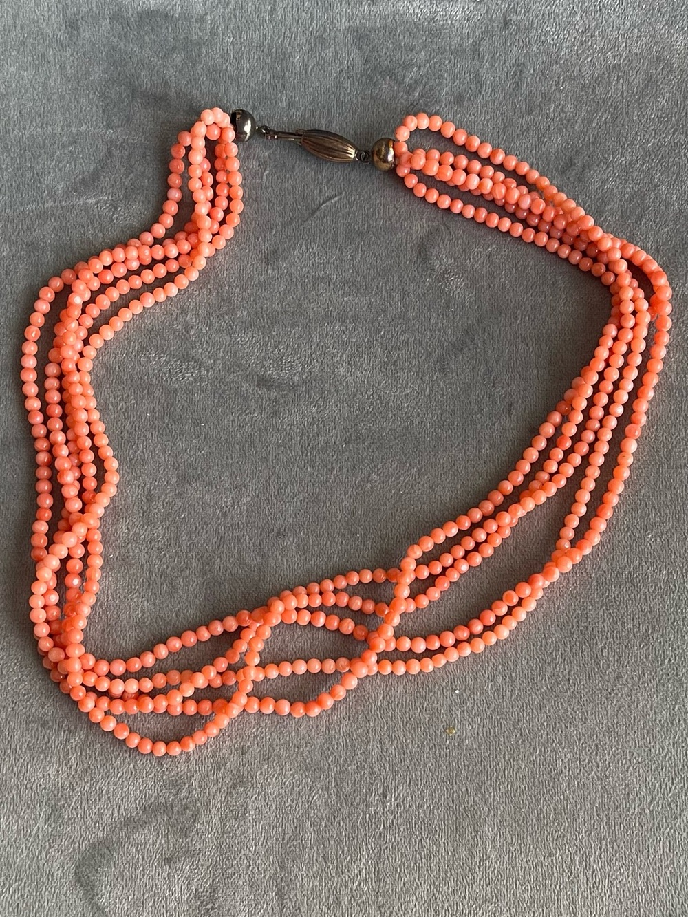 intage Multi-Strand Salmon Coral Bead Torsade Necklace Sterling Silver 925 Clasp